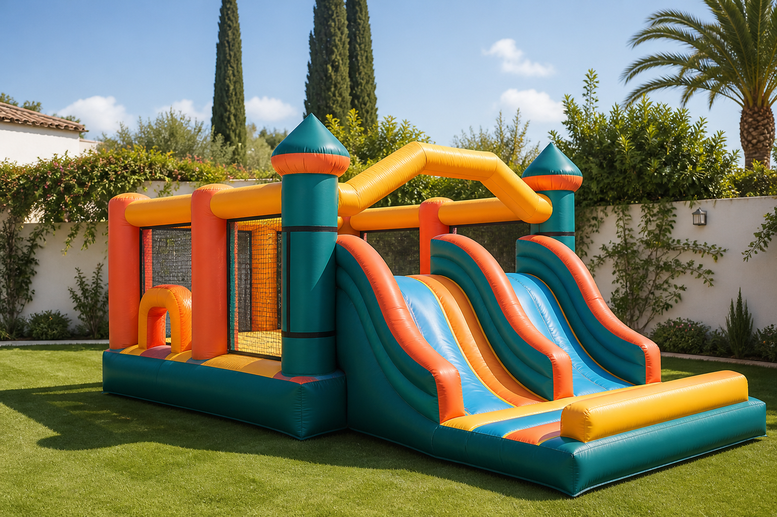 Pista hinchable BrincaSur instalada en un jardín